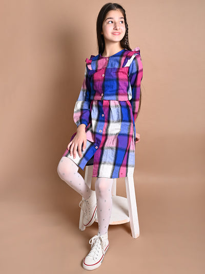 Checkered Print Button Down Long Sleeve Fit n Flare Dress
