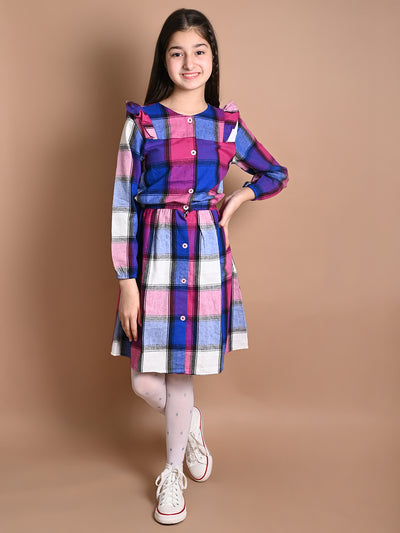 Checkered Print Button Down Long Sleeve Fit n Flare Dress