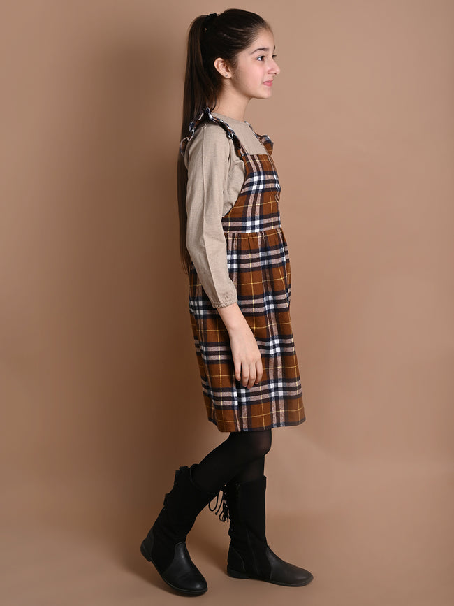 Checkered Printed Dungaree Style Dress with Long Sleeve T-shirt