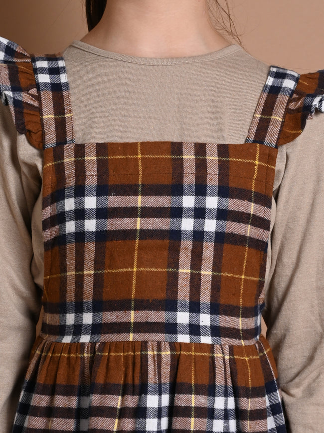 Checkered Printed Dungaree Style Dress with Long Sleeve T-shirt