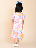 Colored Polka Printed Dropwaist Puff Sleeves Dress
