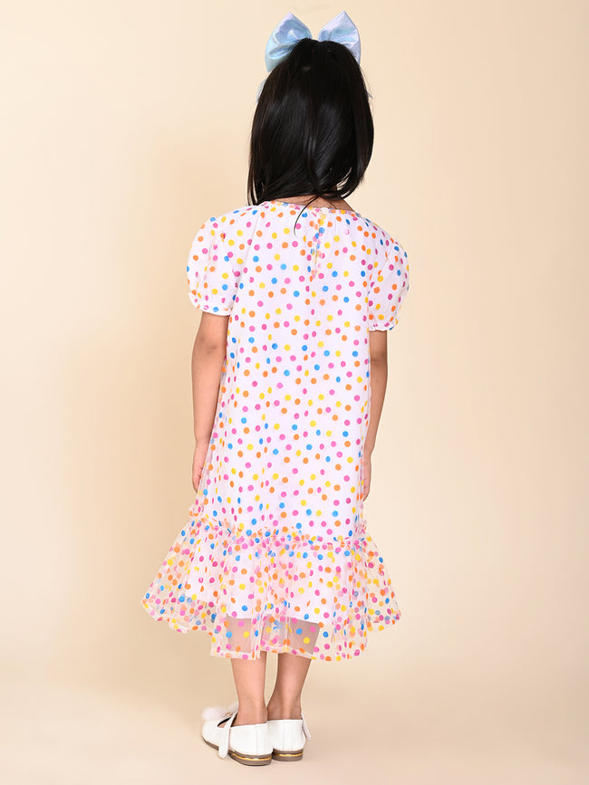 Colored Polka Printed Dropwaist Puff Sleeves Dress