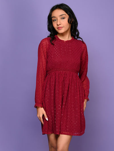 Long Balloon Sleeves Smoking Neck Fit n Flare Party Dress