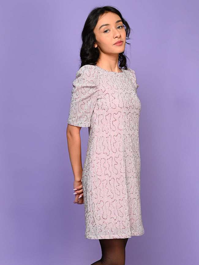 Puffer Sleeves Sequin Knee Length Bodycon Party Dress