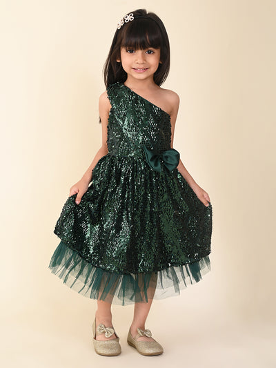 Sequin One Shoulder Fit n Flare Bow Party Dress