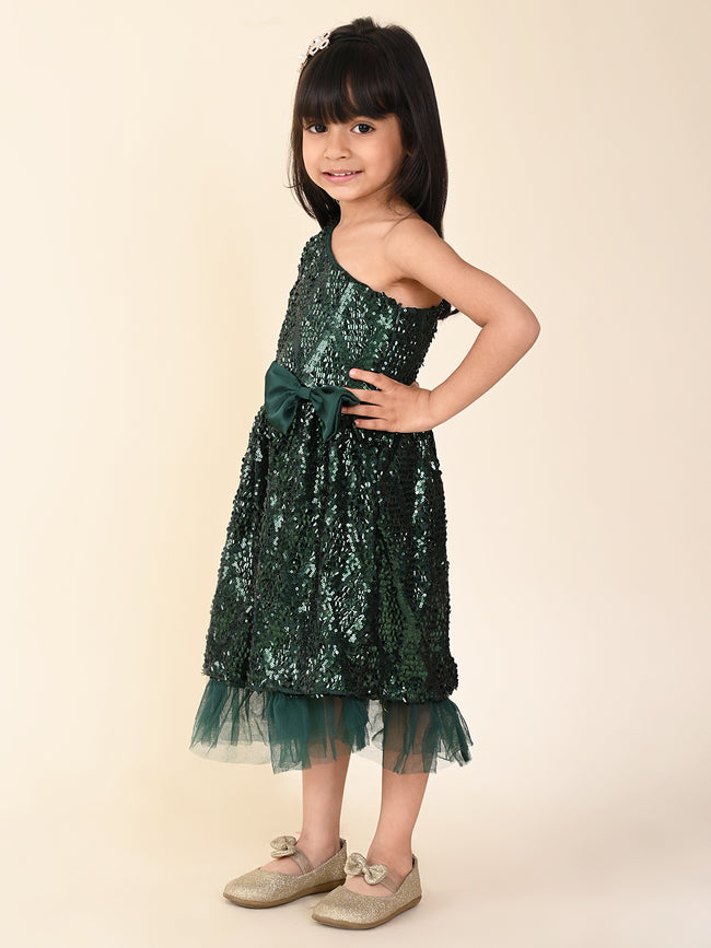 Sequin One Shoulder Fit n Flare Bow Party Dress