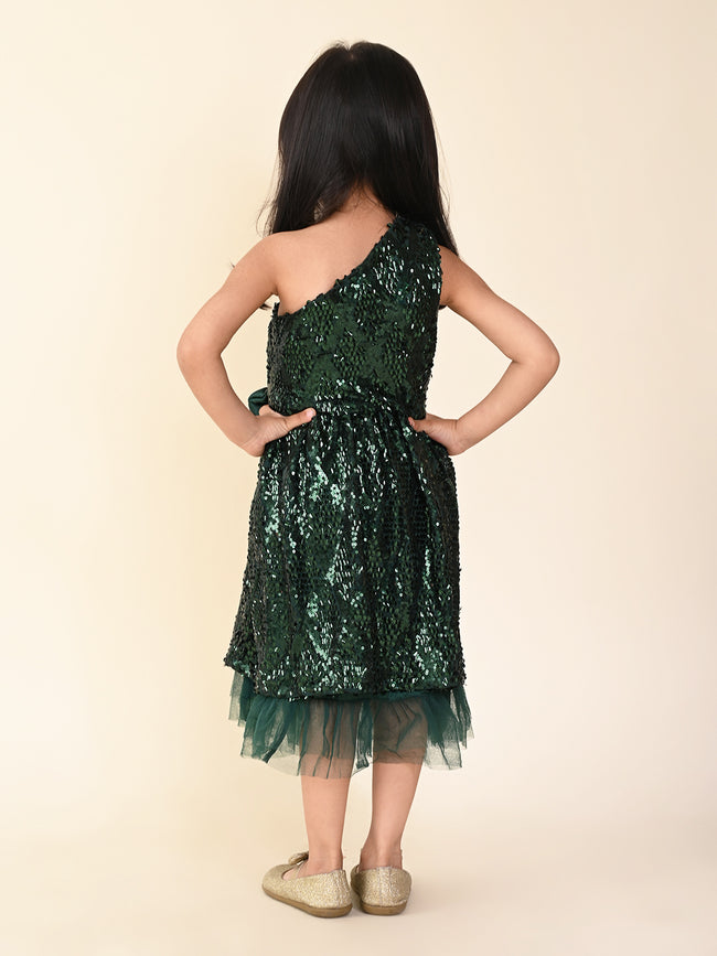 Sequin One Shoulder Fit n Flare Bow Party Dress