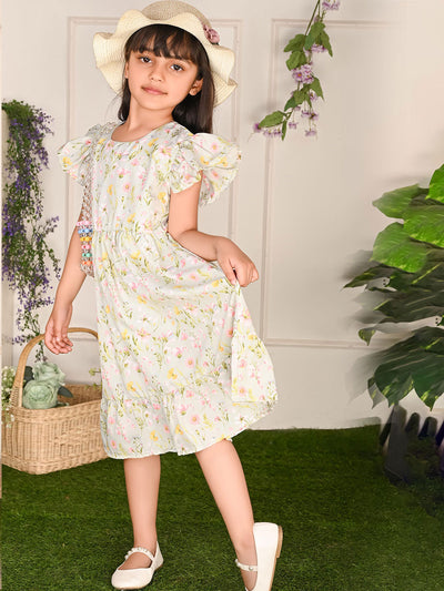 Floral Printed Frill Sleeves Fit n Flare Dress