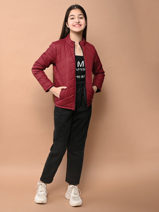 Solid Plain Puffer Front Zip Open Jacket