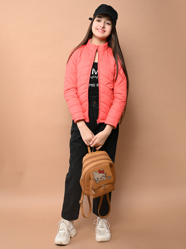 Solid Plain Puffer Front Zip Open Jacket