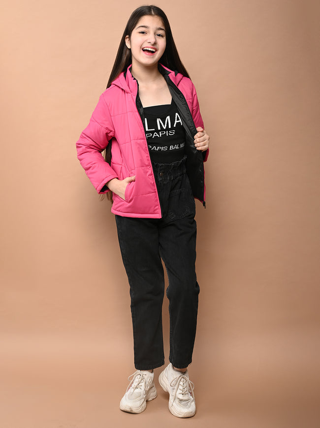 Solid Plain Puffer Front Zip Open Hooded Jacket