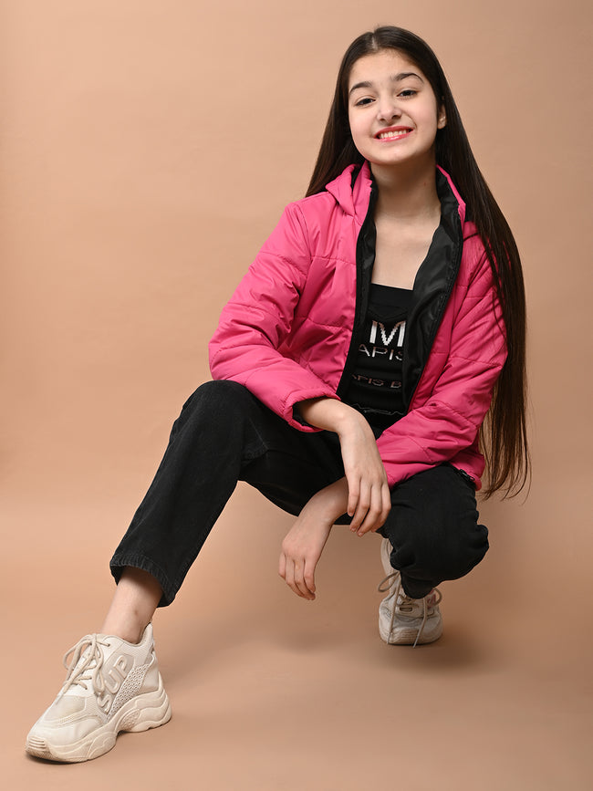 Solid Plain Puffer Front Zip Open Hooded Jacket
