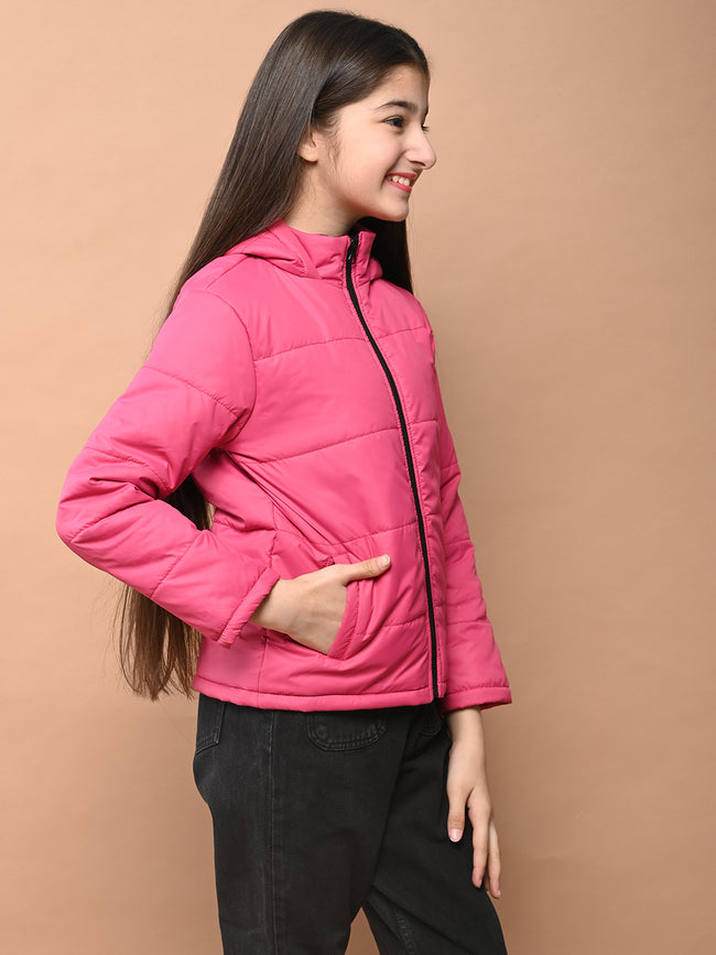 Solid Plain Puffer Front Zip Open Hooded Jacket