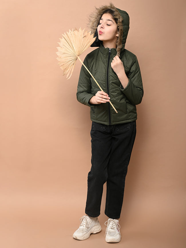 Solid Plain Puffer Front Zip Open Fur Hooded Jacket
