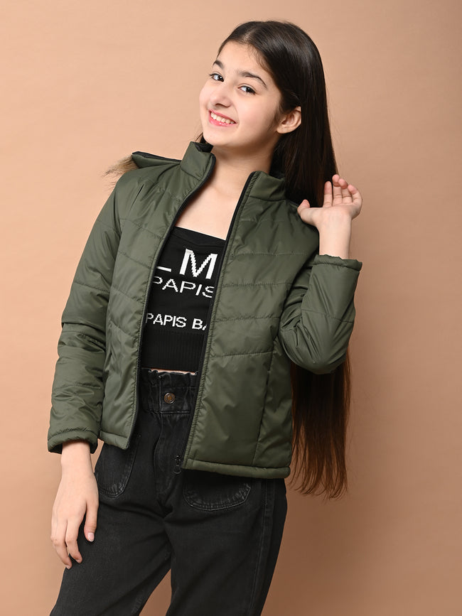 Solid Plain Puffer Front Zip Open Fur Hooded Jacket