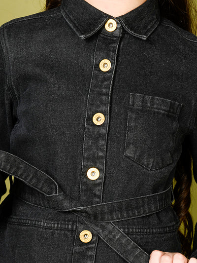 Solid Button Down Shirt Collar Belted Jacket