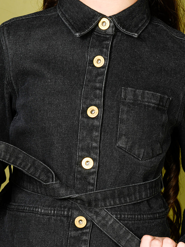 Solid Button Down Shirt Collar Belted Jacket