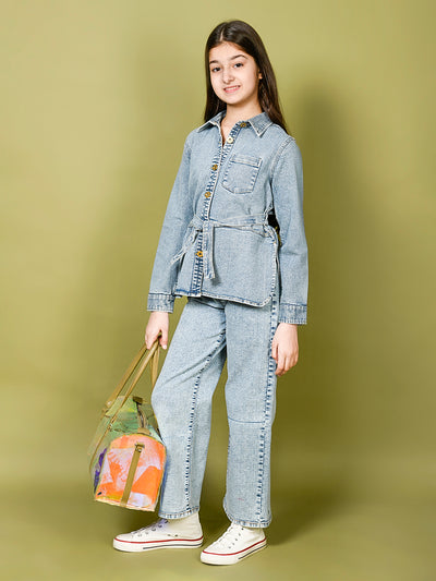 Solid Button Down Shirt Collar Belted Jacket