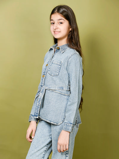 Solid Button Down Shirt Collar Belted Jacket