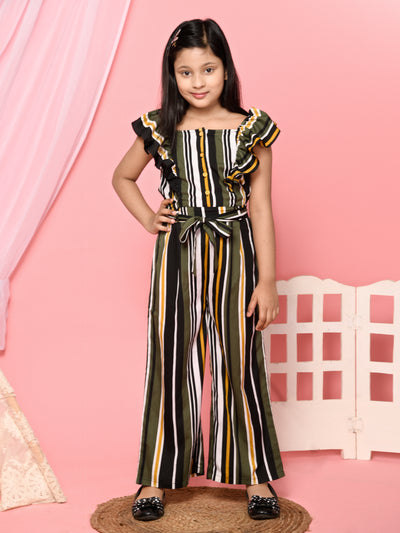 Stripes Printed Button Down Belted Full Jumpsuit