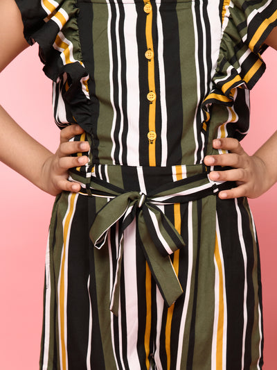 Stripes Printed Button Down Belted Full Jumpsuit