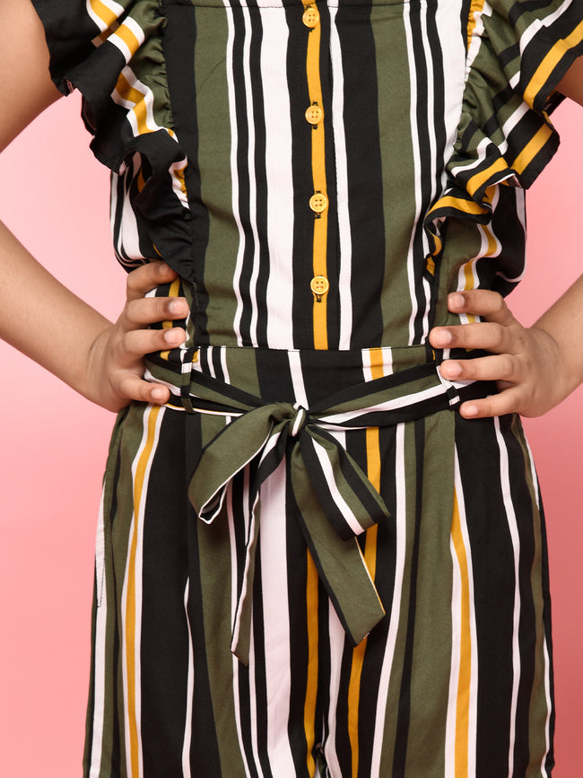 Stripes Printed Button Down Belted Full Jumpsuit