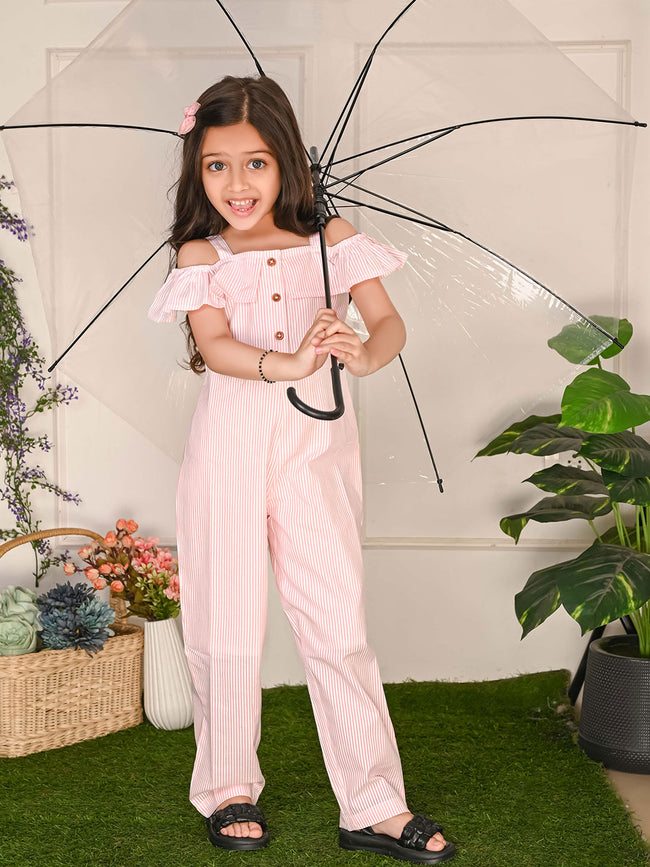 Striped Cold Shoulder Button Down Jumpsuit