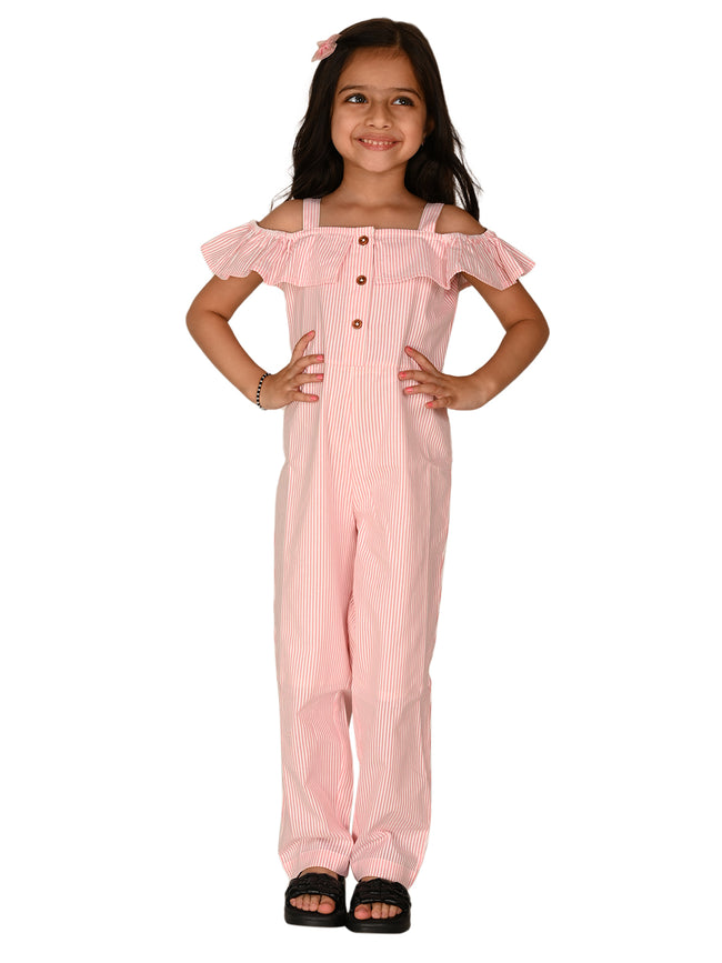 Striped Cold Shoulder Button Down Jumpsuit