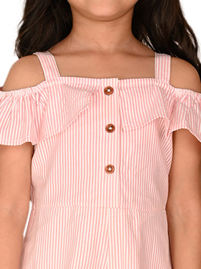 Striped Cold Shoulder Button Down Jumpsuit