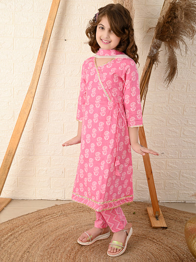 Floral Printed Angrakha Kurta Set with Dupatta