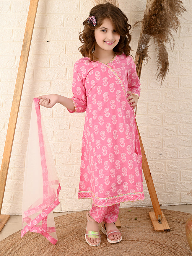 Floral Printed Angrakha Kurta Set with Dupatta