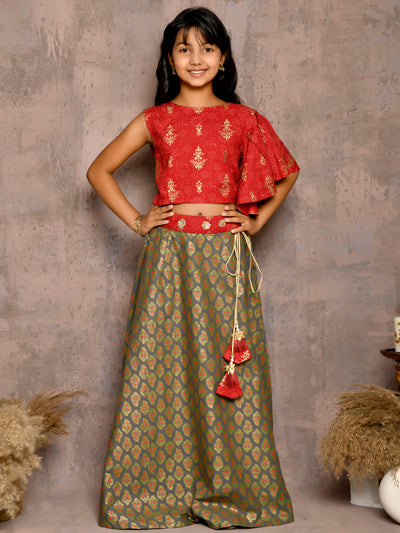 Floral Batik One Shoulder Choli with Printed Lehenga Set