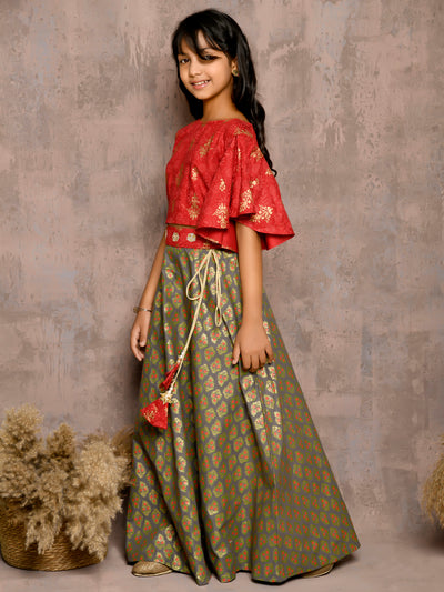 Floral Batik One Shoulder Choli with Printed Lehenga Set