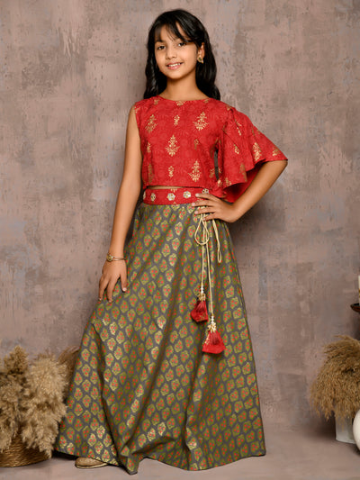 Floral Batik One Shoulder Choli with Printed Lehenga Set
