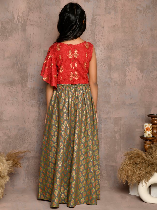 Floral Batik One Shoulder Choli with Printed Lehenga Set