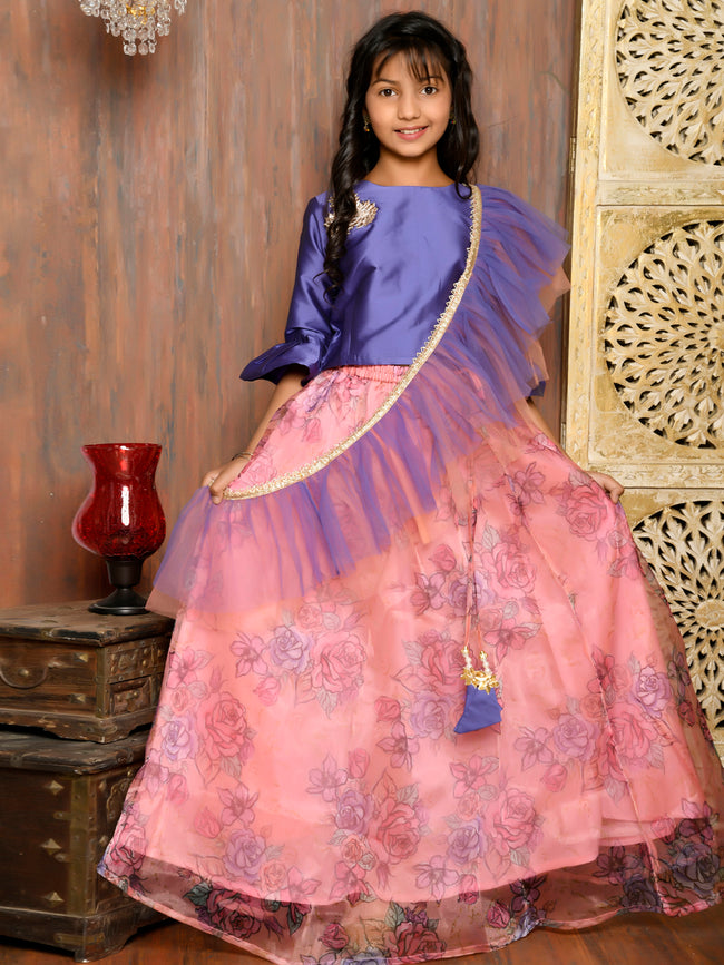 Silk Choli with Floral Print Lehenga Set