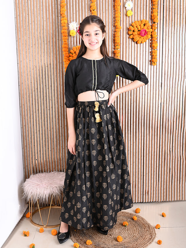 Button Down Knot Choli with Printed Lehenga Set